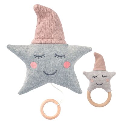Coffret cadeau bébé boîte à musique + hochet étoile rose