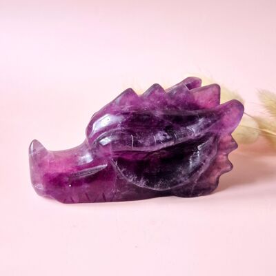 Caramelo de piedra preciosa XL con forma de calavera de dragón de fluorita n.° 4, color morado intenso, 500 g | 11 centímetros