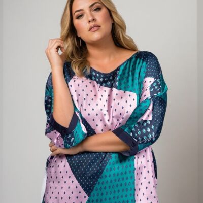Blusa de seda de talla grande con estampado azul (C6111)