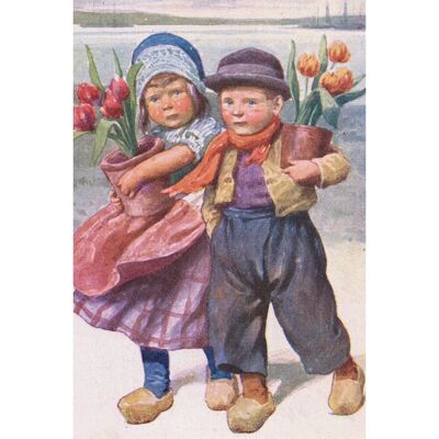 Postcard children with tulips