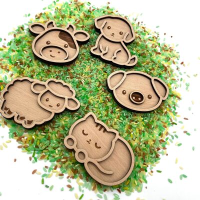 Animales de granja | Cuencos de bandeja sensorial de madera personalizados | Juguetes inspirados en Montessori | Juego sensorial para IKEA Flisat/Trofast | juguetes de madera