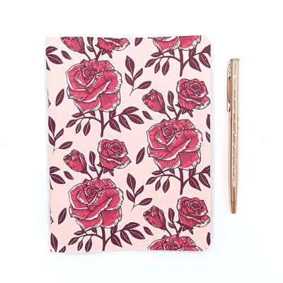 Quaderno di cancelleria con motivo rosa (14 x 18 cm), serigrafia fatta a mano. Occitania