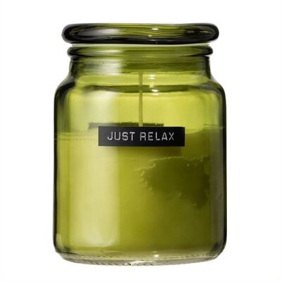 Large scented candle fresh linen green glass 'just relax'