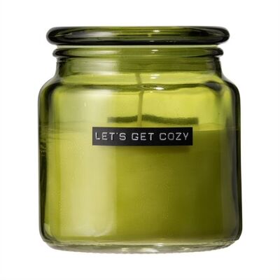 Large scented candle fresh linen green glass 'let's get cozy'