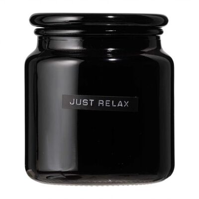 Grande candela profumata lino fresco vetro nero 'just relax'