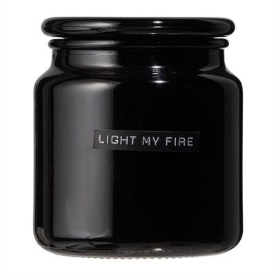 Grande candela profumata lino fresco vetro nero 'accendi il mio fuoco'