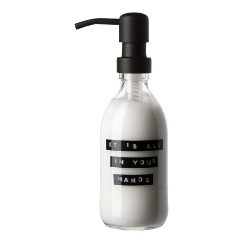 Hand cream fresh linen clear glass black pump 250ml 'it is all in your hands'