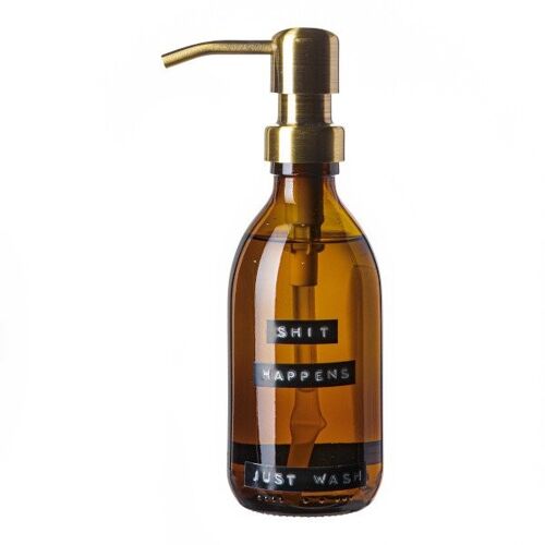 Hand soap bamboo brown glass brass pump 250ml 'shit happens just wash'