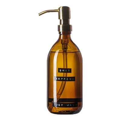 Hand soap bamboo brown glass brass pump 500ml 'shit happens just wash'