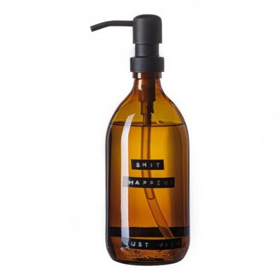 Hand soap bamboo brown glass black pump 500ml 'shit happens just wash'