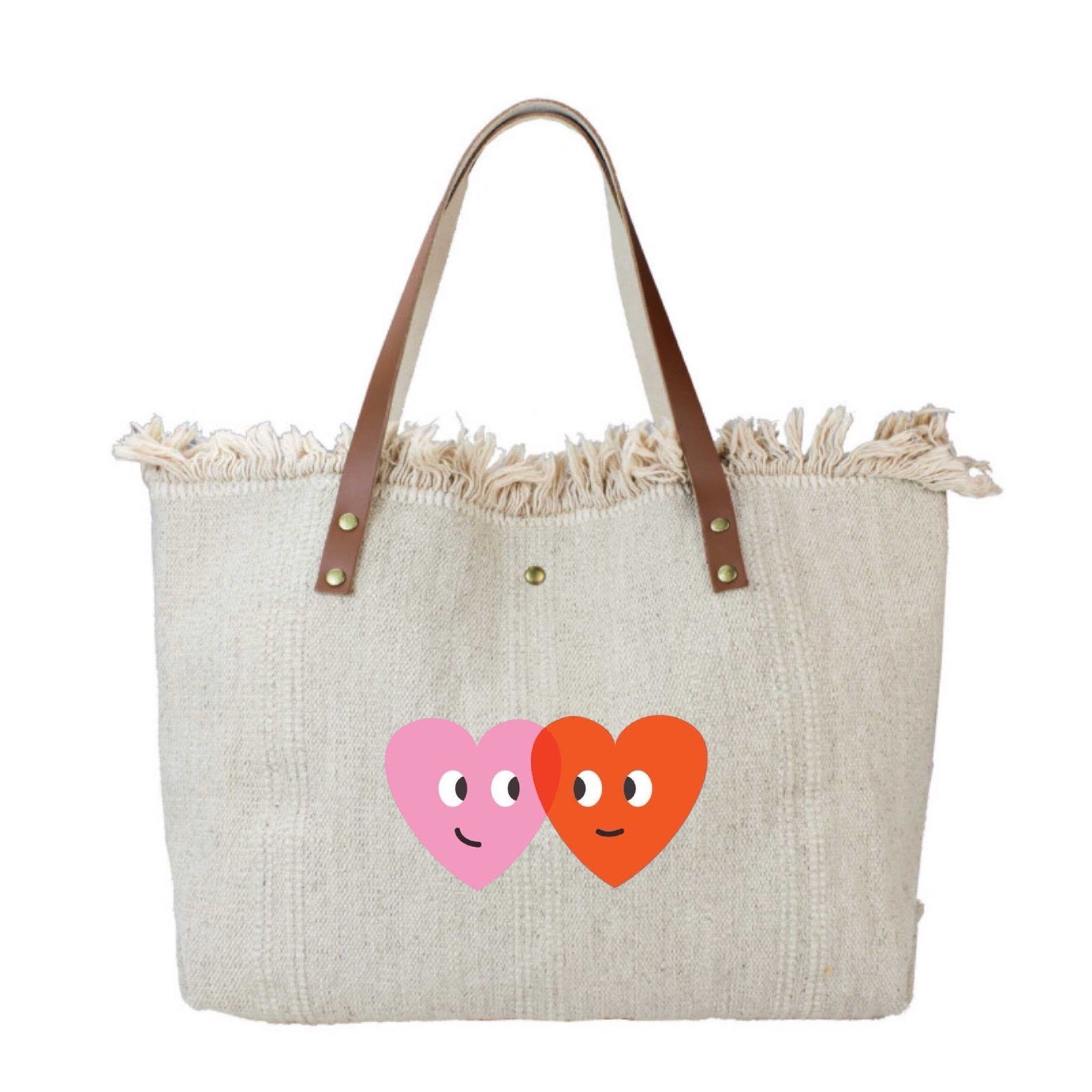 BORSA IN COTONE CON BORDI IN PELLE E DOPPIO CUORE