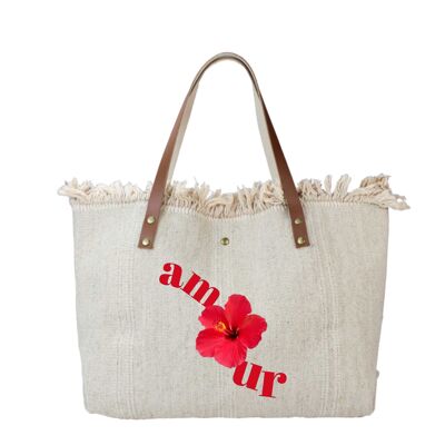 LEATHER-TRIMMED COTTON BAG WITH AMOUR PRINT