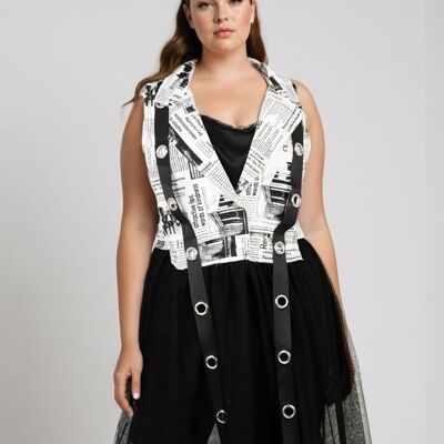Gilet bimateriale in denim e tulle bianco (C6515/BIANCO)
