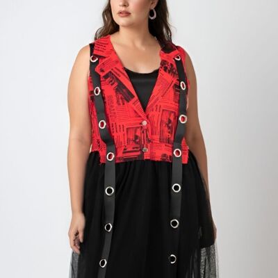 Gilet bimateriale in denim e tulle rosso (C6515/RED)
