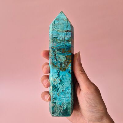Torre de crisocola de piedra preciosa XL – 15 x 3,5 cm – 329 g – Alta calidad