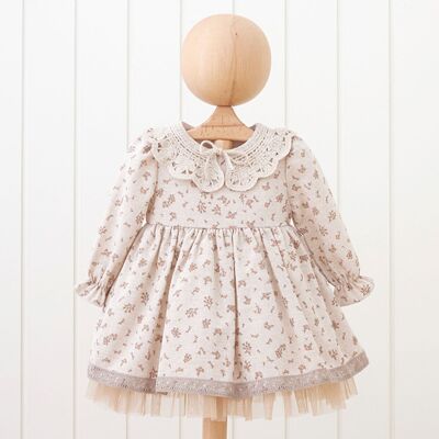 A Pack of Five Sizes Classic Natural Collar Baby Dress – Beige Floral | 3-24M