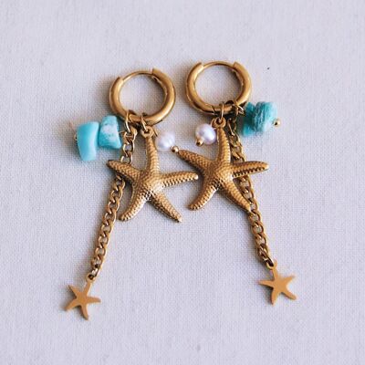 Boucles d'oreilles avec étoile de mer, chaîne et pierres précieuses - menthe