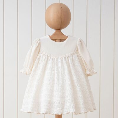 A Pack of Five Sizes Long Sleeve Textured Daisy Baby Dress – Cream White | 3-24M