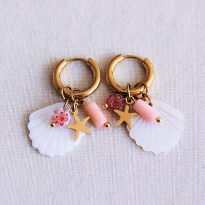 Orecchini con conchiglia bianca, stella marina e tubo - rosa chiaro