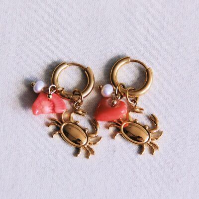 Pendientes con cangrejo, perla y chip de piedra preciosa - coral/oro