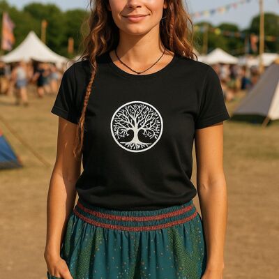 T-shirt Bohotusk Arbre de vie en coton noir pour femme, tailles XS à 2XL (UK 6 à 18)