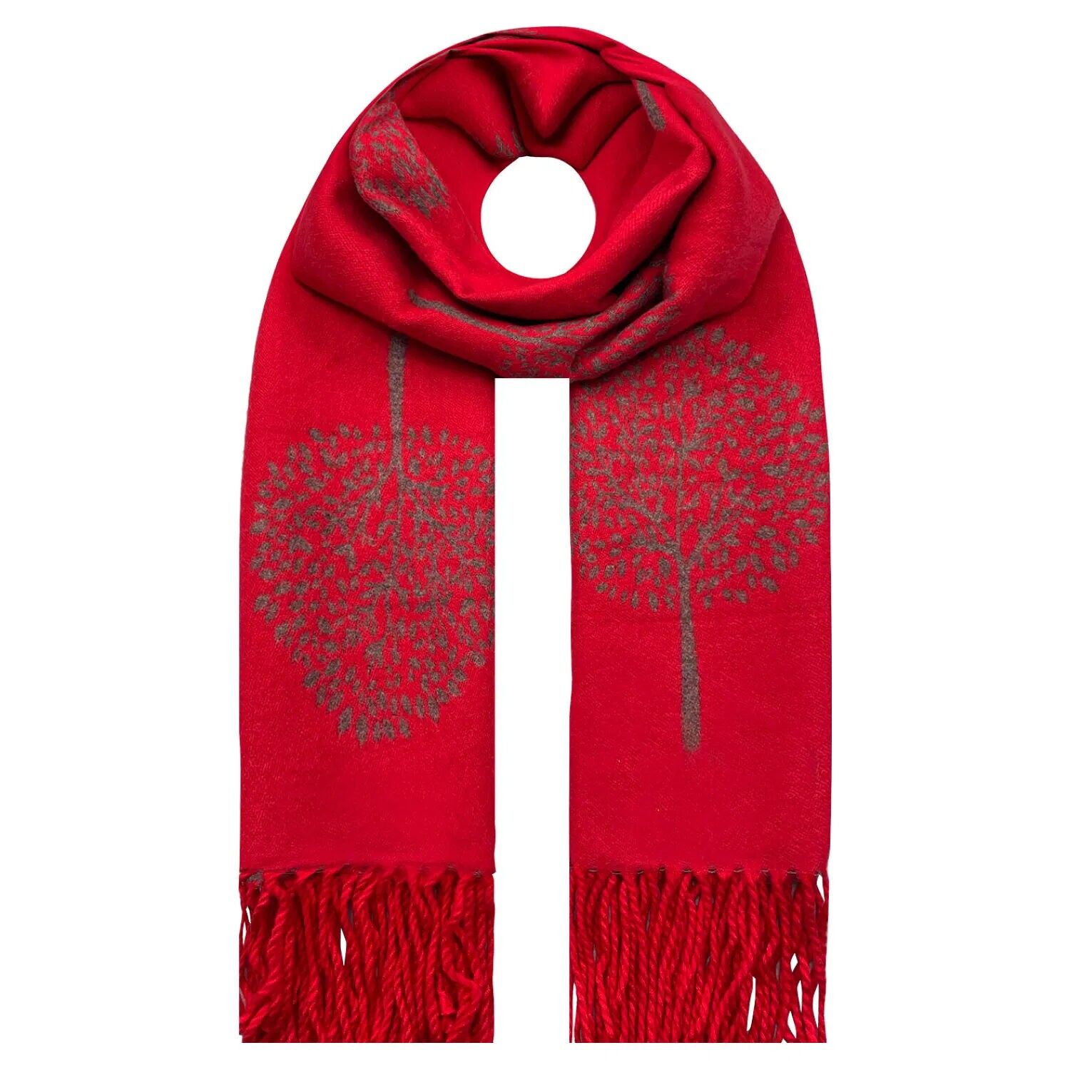 Bufanda roja con borlas de árbol