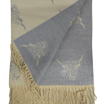 Bufanda con estampado de vaca de las Tierras Altas en color crema y gris