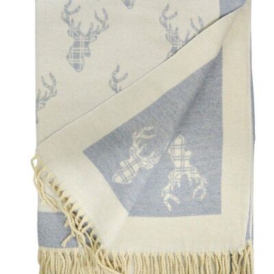 Sciarpa con motivo tartan con cervo delle Highlands in crema/grigio