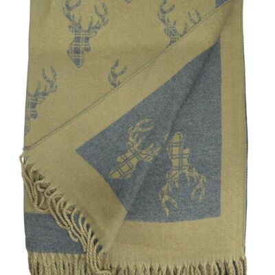Sciarpa con motivo tartan con cervo delle Highlands in beige/grigio