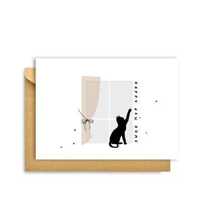 TARJETA "FELIZ NUEVO HOGAR" PARA GATO, Tarjeta de felicitación Hygge Cards C6: Simplicidad y calidez escandinavas para amantes del minimalismo, la naturaleza y los placeres sencillos, Tarjeta de inauguración.
