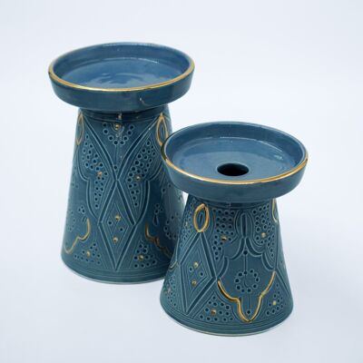 Duo bougeoir piedestale relieve piedra azul goud “Fatima”