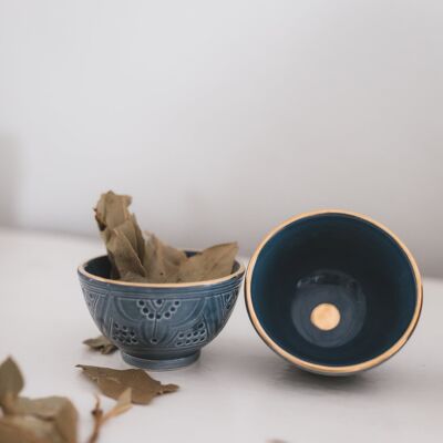 2 mini kommen snacking reliëf blauw stone goud “Noura”