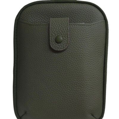Grand sac pour téléphone portable en cuir vert olive 12585 avec bandoulière en cuir assortie