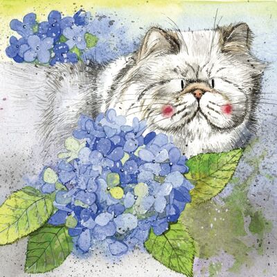 Cat and hydrangea blank card