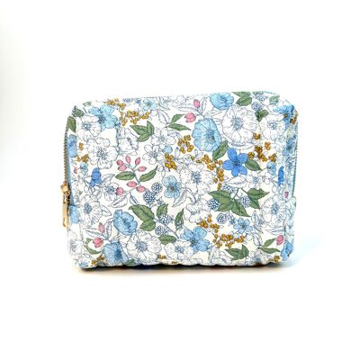 SPRING QUILTED COTTON TOILETRY BAG WITH COLORFUL BLUE FLORAL PATTERN