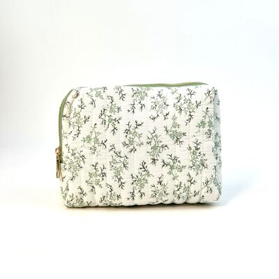 SPRING QUILTED COTTON TOILETRY BAG WITH PASTEL GREEN FLORAL PATTERN