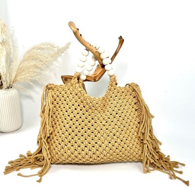 SAC EN COTON MACRAMÉ FRANGINETTES ET POIGNÉS EN BILLES DE BOIS BOHÈME