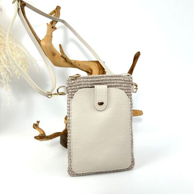 LOUISE BI-MATERIAL RAFFIA AND LEATHER PHONE POUCH WITH ITALIAN SNAP BUTTON
