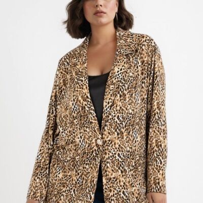 Blazer con stampa leopardata color cammello, taglie forti (C6528/CAMEL)