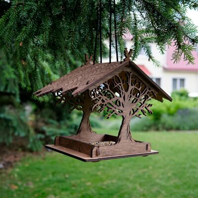Comedero colgante de madera para pájaros con diseño de árbol cortado a láser para decoración de exteriores.