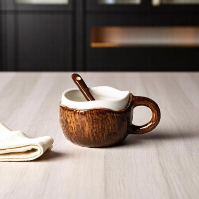 Taza de café de cerámica creativa con forma de coco y cuchara