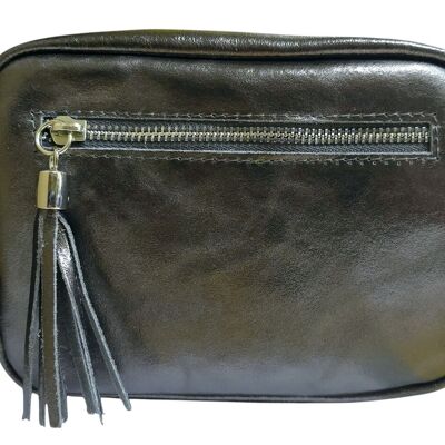 Sac photo en cuir métallisé étain
