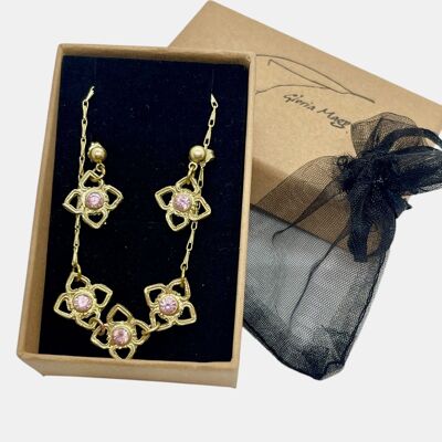 Conjunto Mismy Gargantilla y pendientes en dorado y cristal Sw color rosa