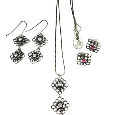 Conjunto reversible Collar y dos pares pendientes en plata 10µ y cristal SW Fuschia y Cristal