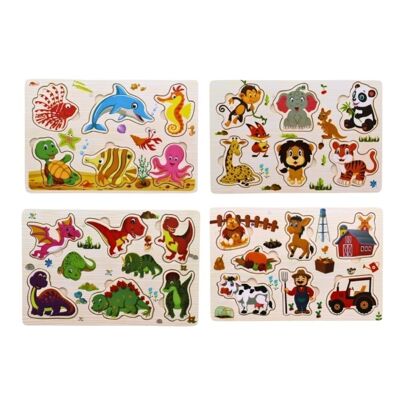 Pack of 4 Wooden Puzzles Educational and Montessori Toys for Children: Animals, Zoo, Marine and Dinosaurs - From 2 Years Old