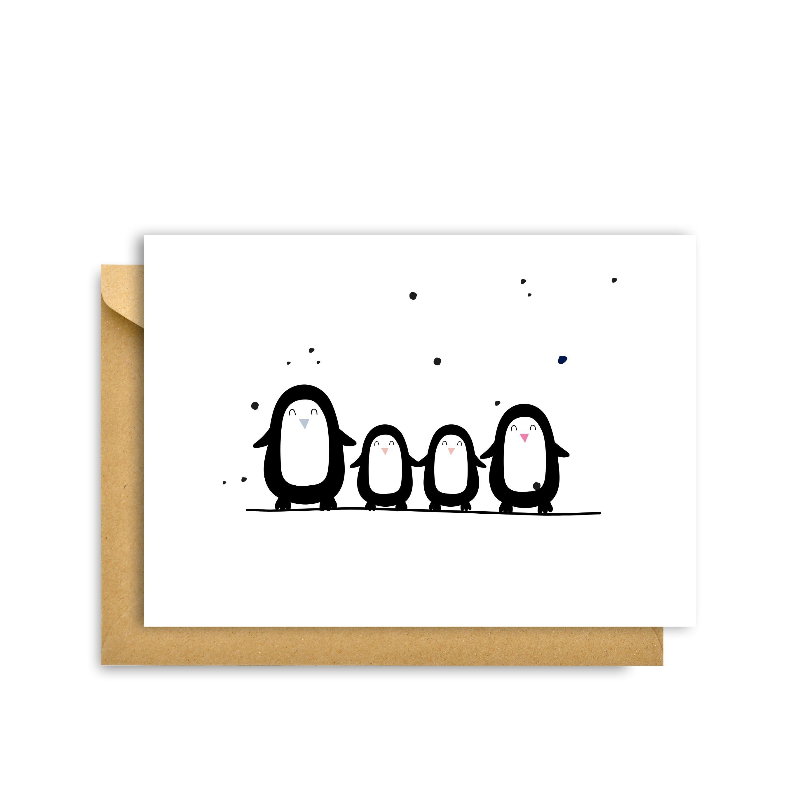 BIGLIETTO PERSONALIZZATO PER LA FAMIGLIA DI PINGUINI, Biglietto d'auguri Hygge Cards C6 - Semplicità e intimità scandinave per gli amanti del minimalismo, della natura e dei piaceri semplici