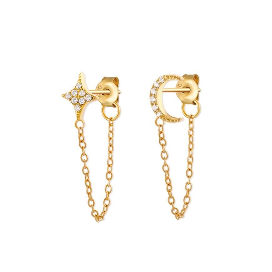 Orecchini a catena con stelle e luna di cristallo