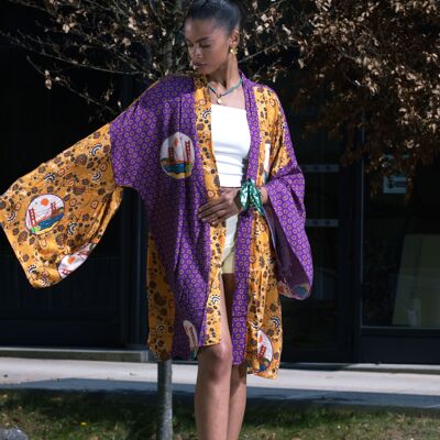 Purple Floral Print Mid-Length Kimono