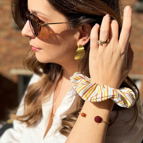 Chouchou ROXANE / coton imprimé rayures bleu, jaune et camel