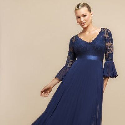 Abito lungo in chiffon plissettato con corpetto in pizzo smerlato Goddiva DR4390